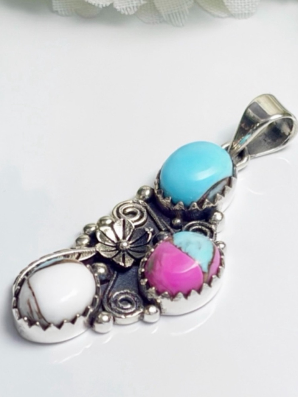 Sterling Silver 925 Genuine Cotton Candy Dahlia Kingman Turquoise Pendant - Picture 5 of 8